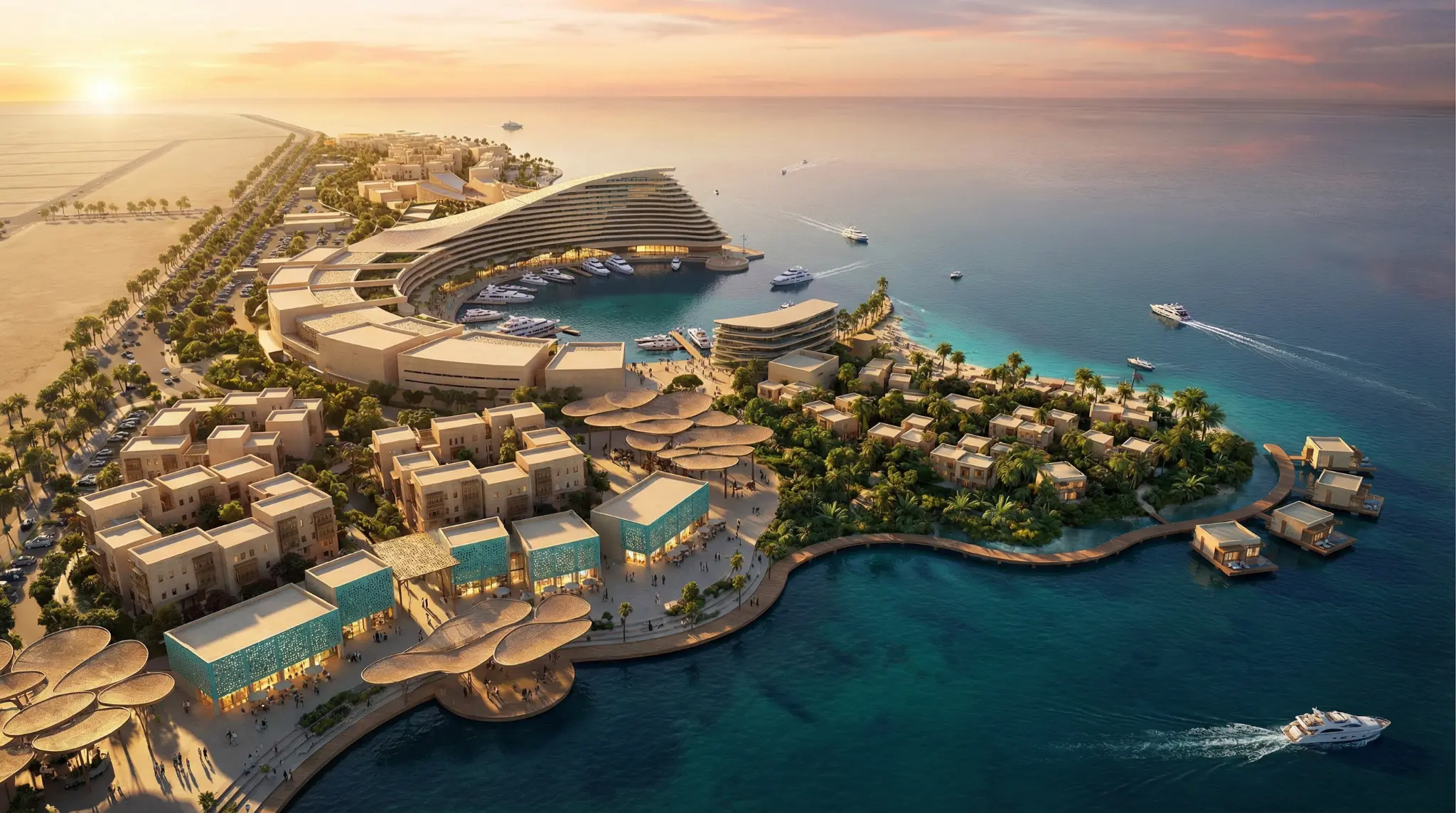 Aerial render of the Jazan destination masterplan at sunset