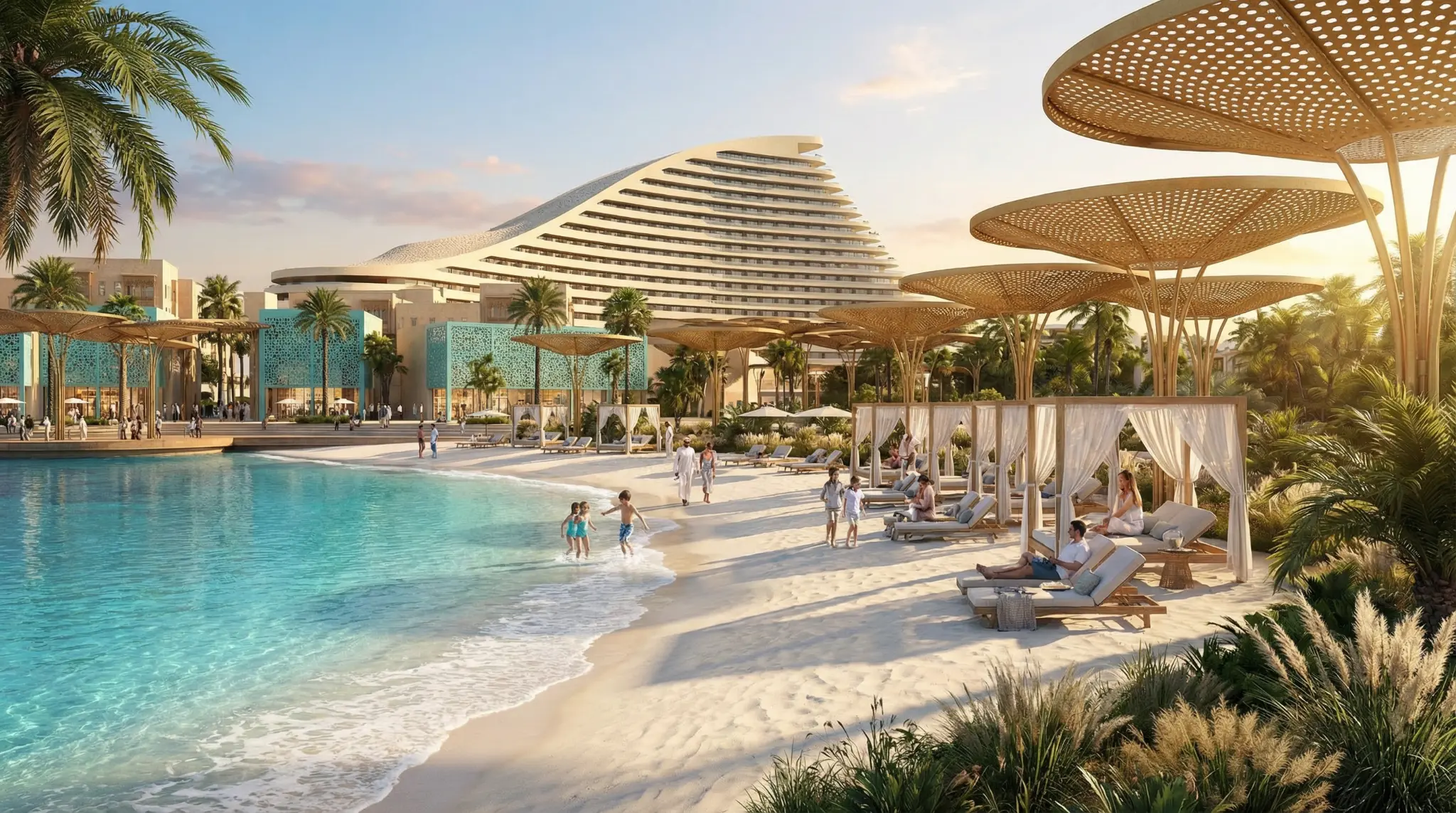 Architectural render of the beach waterfront at the Zan Waterfront destination in Jazan: sand, shading and low-rise buildings on the sea