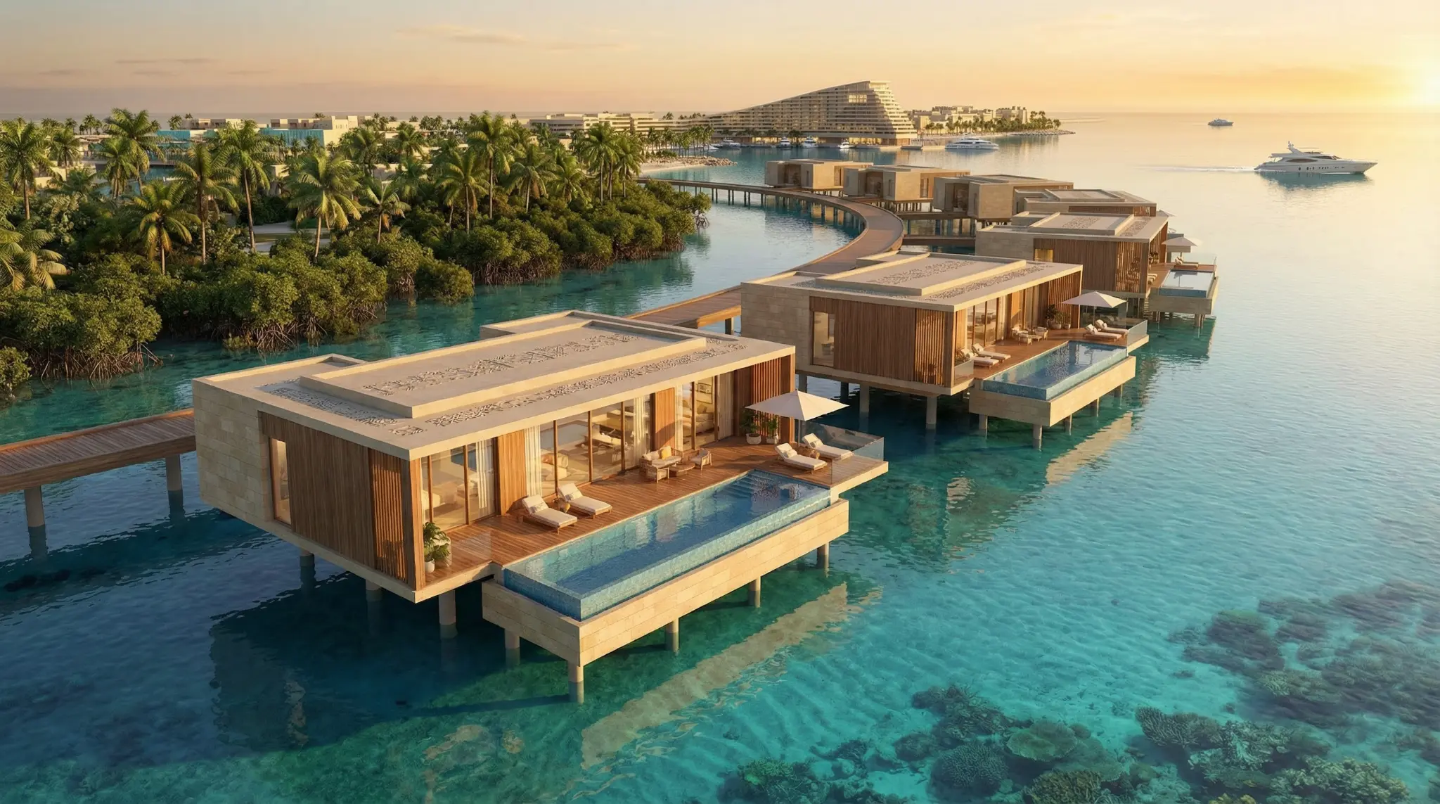 Render of the floating villas — a signature hospitality asset partners grow on