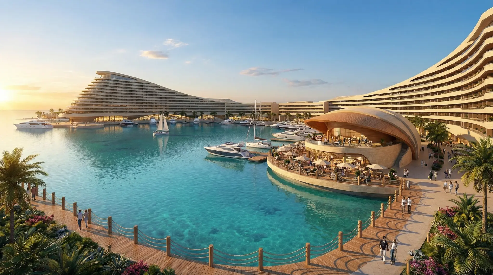 Render of the marina and yacht club in operation