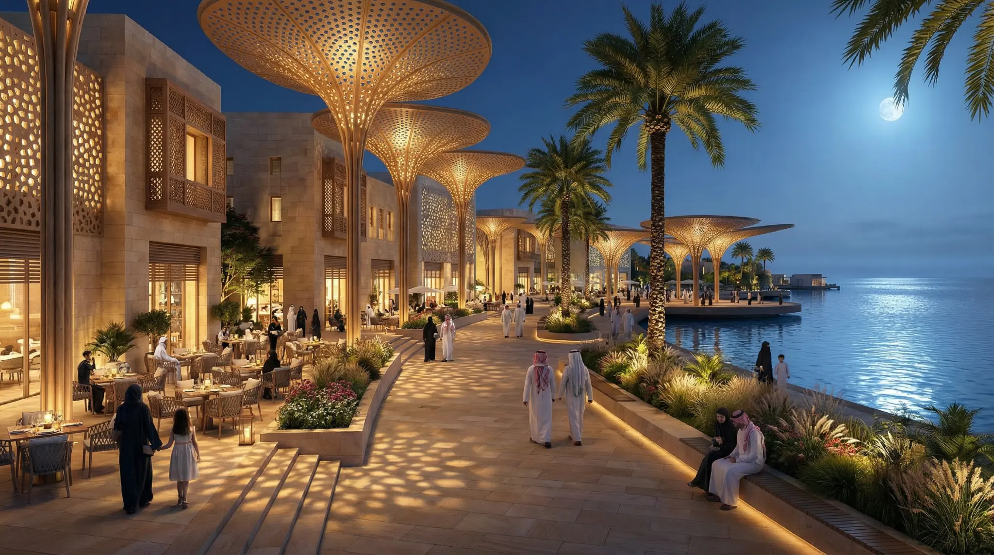 Architectural render of the commercial promenade at night at Zan Waterfront in Jazan, warmly lit with visitors strolling the seafront