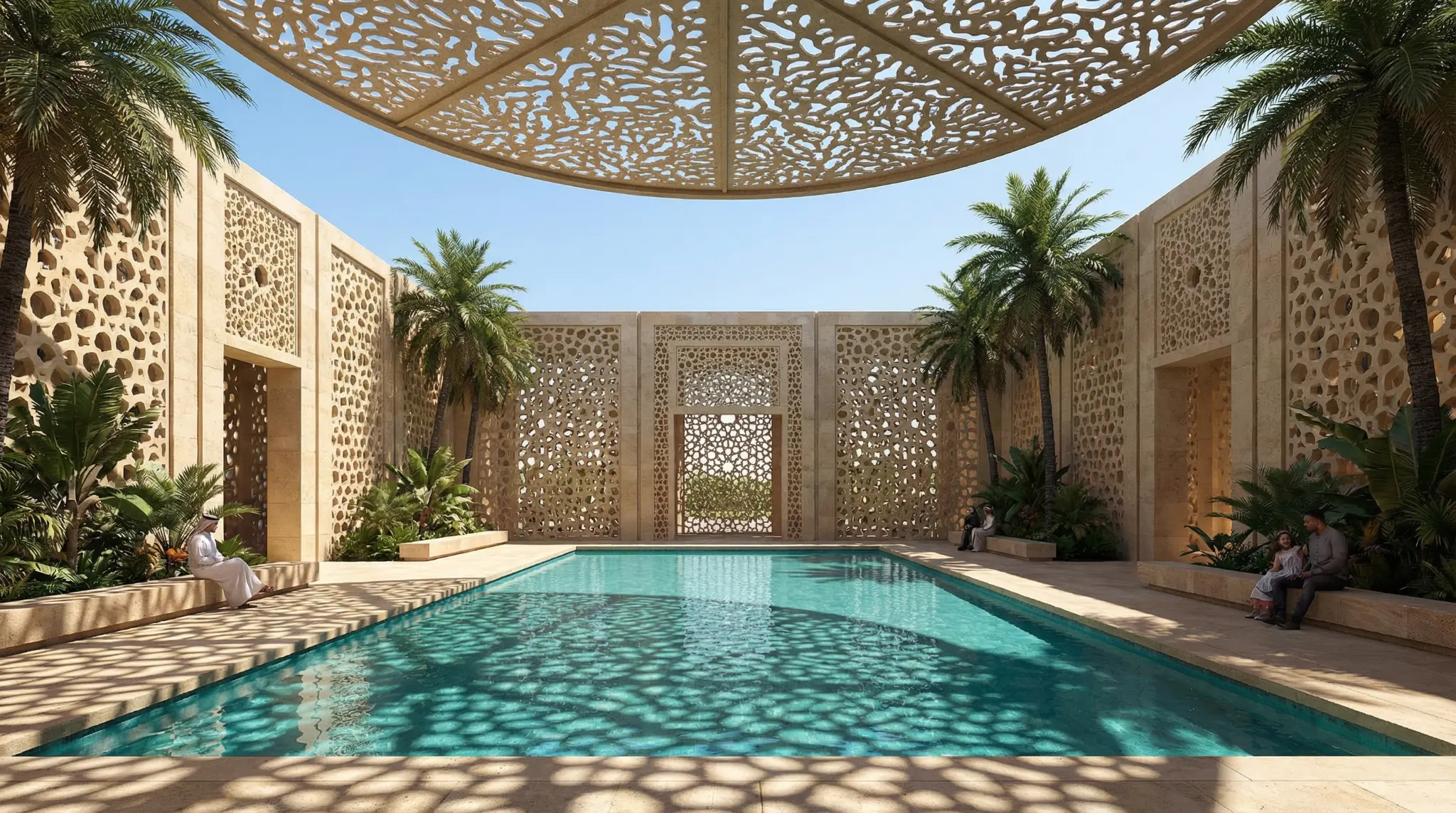 Architectural render of pools and shading under development within the destination's assets
