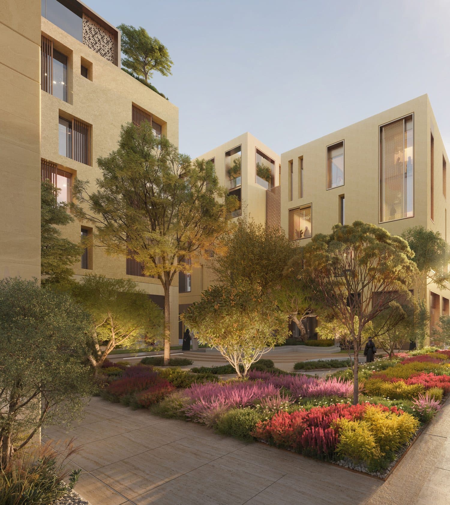 Around shaded courtyards.