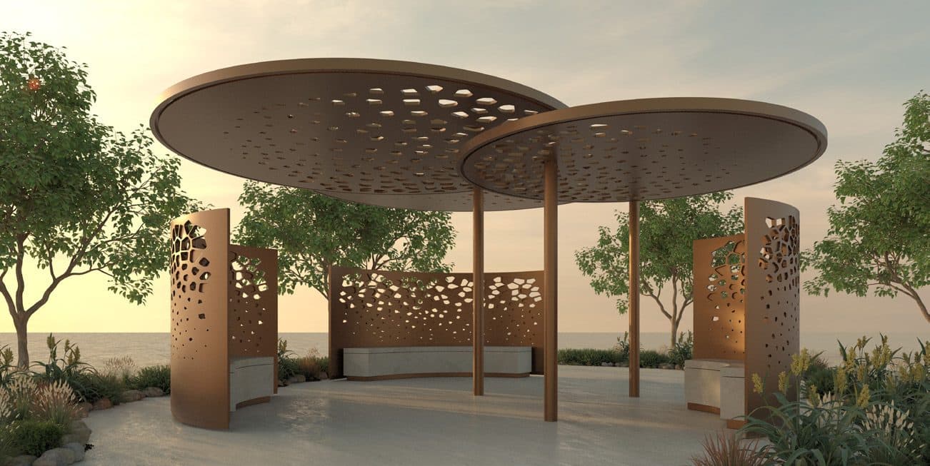 Perforated canopies shading a path in the destination