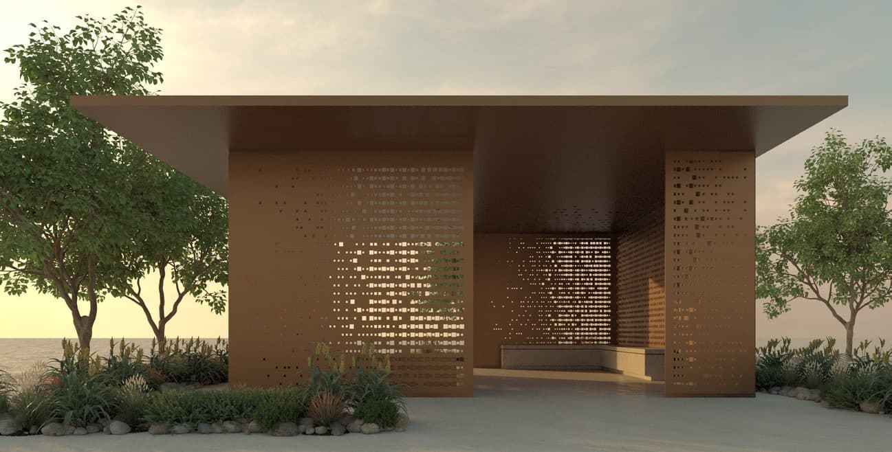 A cooling pavilion with perforated screen walls