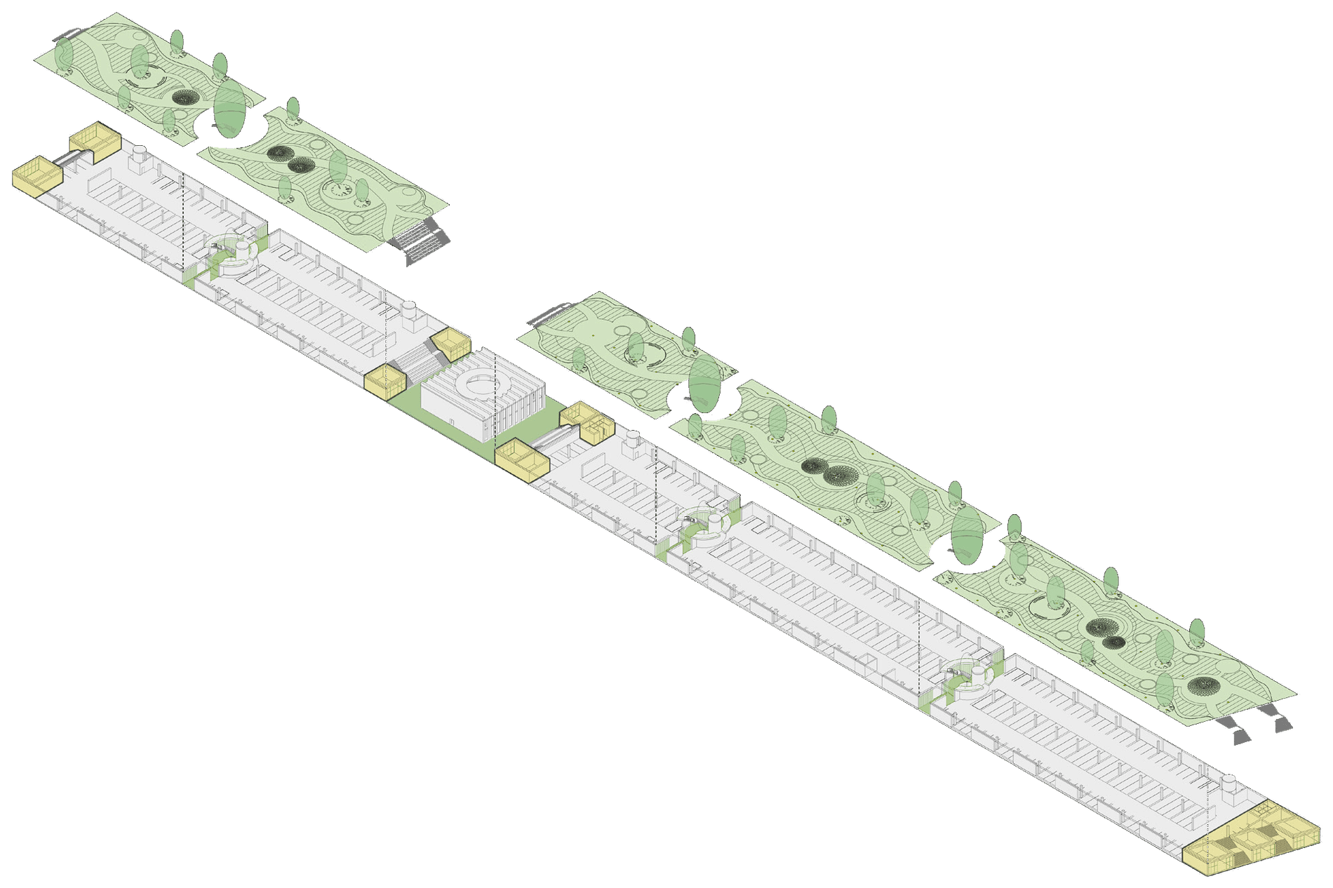 Parking shaded by hanging gardens.