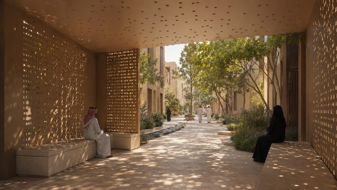 A shaded walkway with a resting pavilion