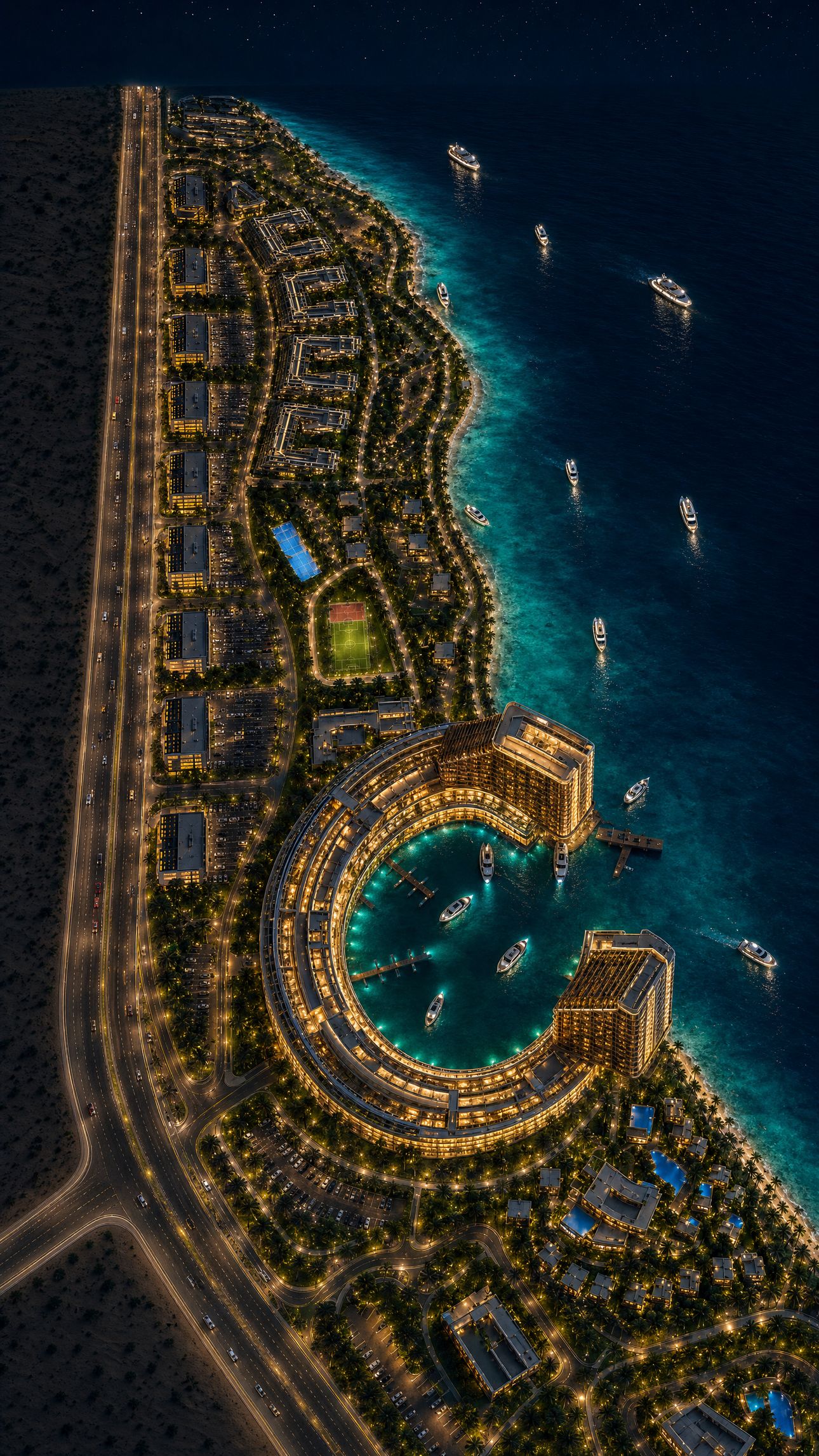 Real night aerial of the Zan Waterfront project in Jazan on the Red Sea coast
